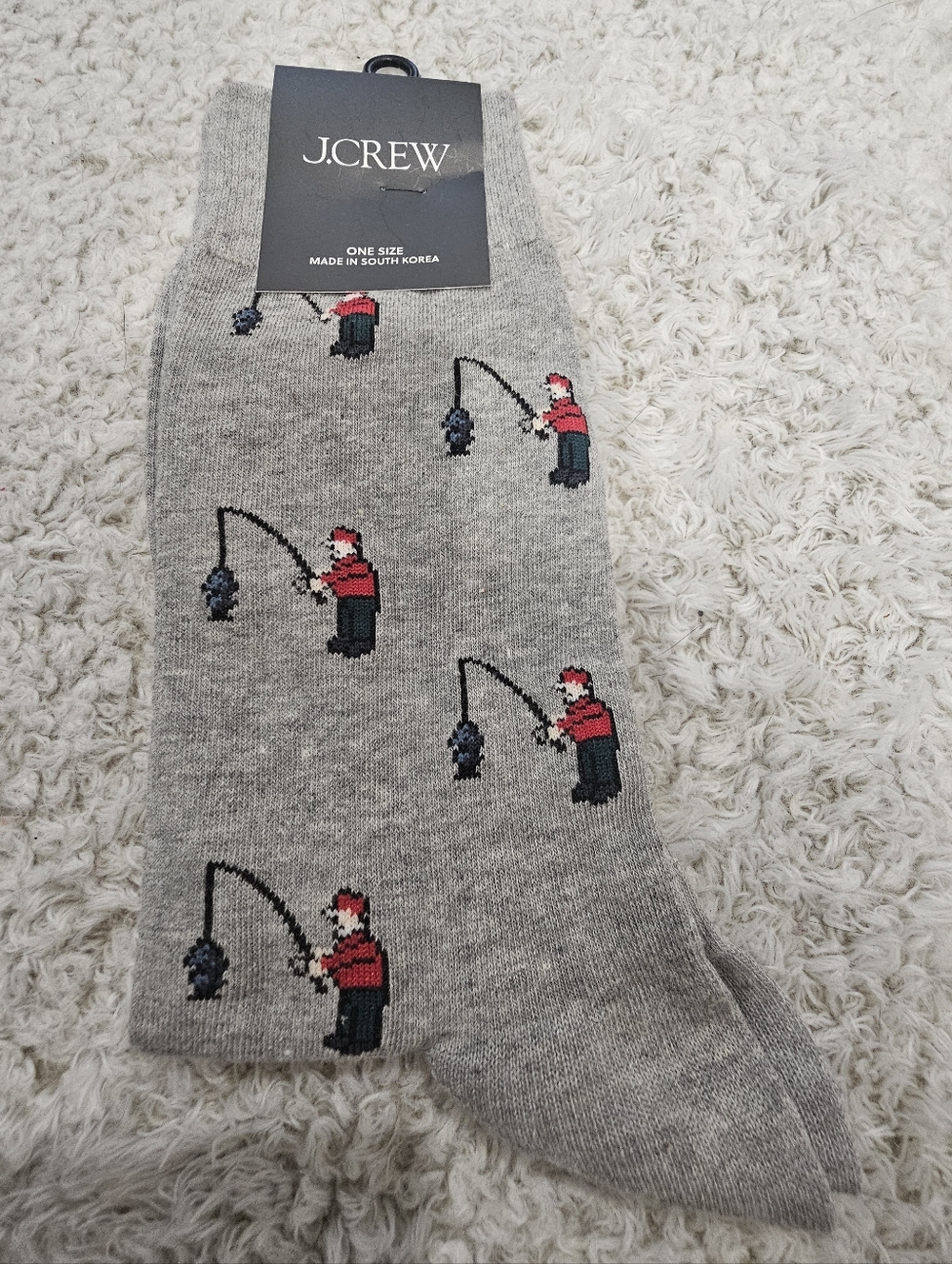 NWT J. Crew Gray Men's Socks with Red Fisherman Motif